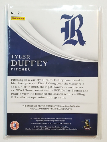 Tyler Duffey 2016 Immaculate Collegiate Autograph 12/25 RPA Rookie Patch Auto RC - Picture 4 of 4