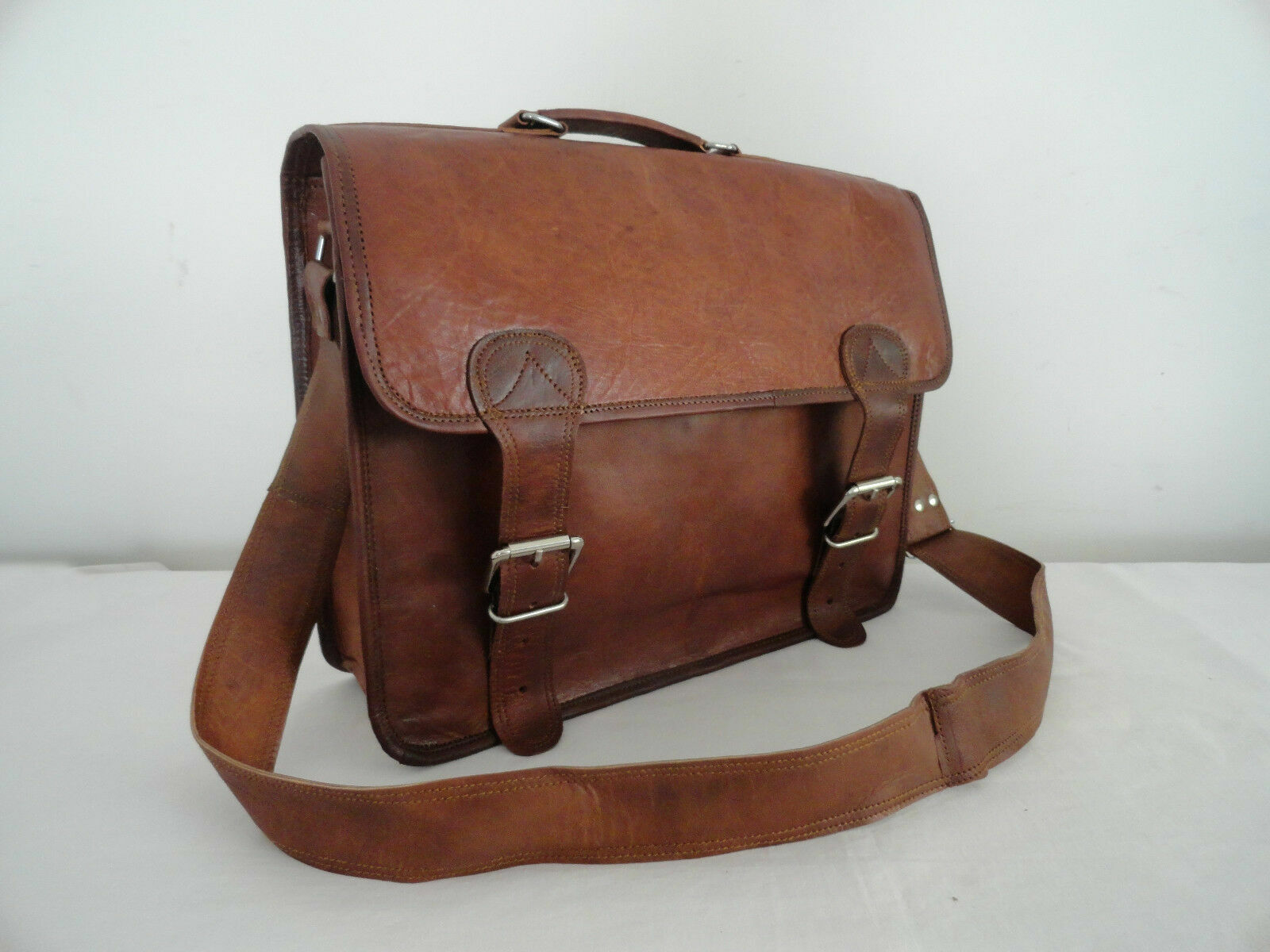 Angustiado Cuero Marrón Cartera Bandolera Maletín para Portátil Bolsa de Hombro