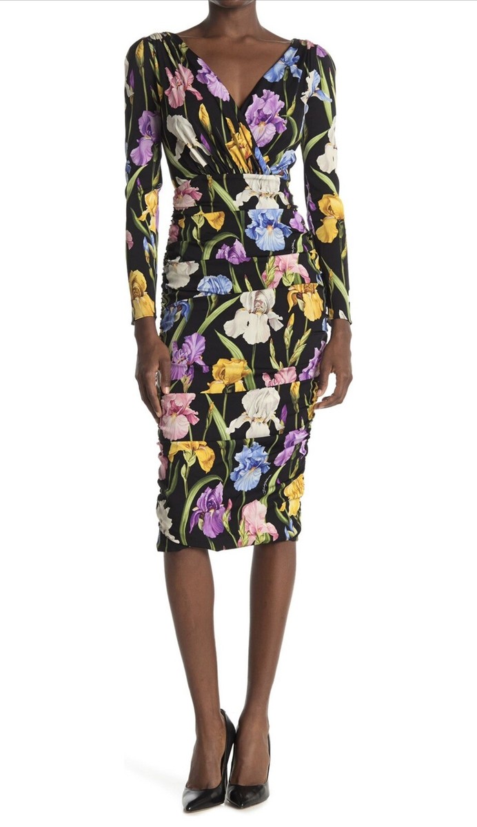 Dolce & Gabbana Ruched Floral Print Silk Blend Dress, V-neck