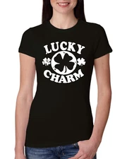Vintage White Lucky Charm Irish Clover St Patricks Day Women Slim Fit Junior Tee