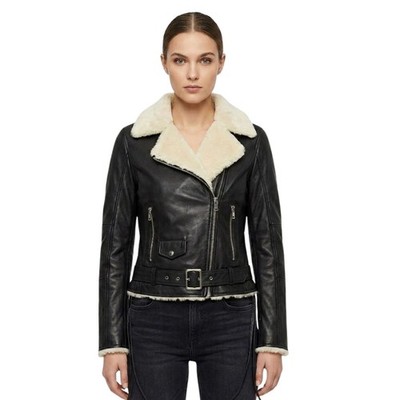 Damen Lederjacke Isaco Ramoneska Schwarzes Leder mit Fell L