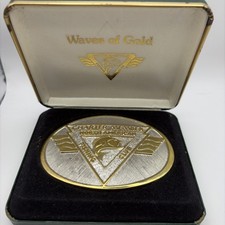 Vtg North American Fishing Club Belt Buckle Waves of Gold 24k  Rhodium on Brass