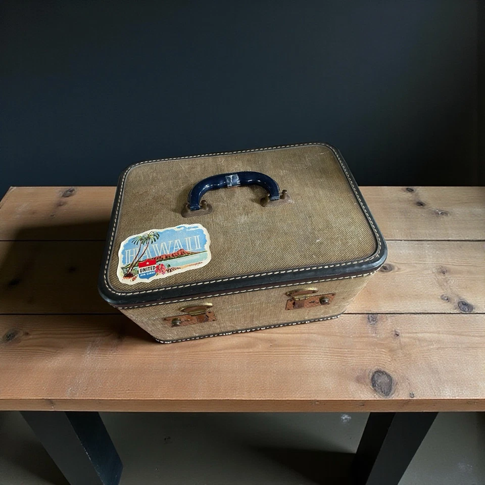 Tocador de viaje vintage de tweed beige de los años 50 maquillaje tren estuche equipaje JC Higgins Foto 2 de 4