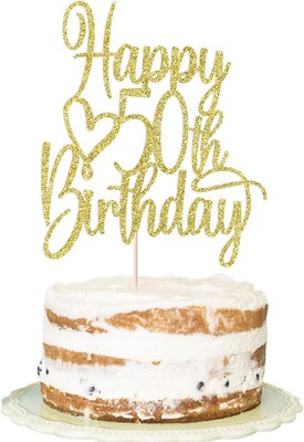Gold Glitter Happy 50th Birthday Cake Topper - Cheers to 50 Years 