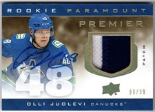 2020-21 UD Premier Rookie Paramount Auto Patch OLLI JUOLEVI #P-OJ #86/99 Canucks