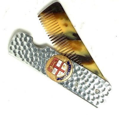 Vintage Folding Comb Silver Tortoise Shell SUVA FIJI Emblem Steel Repousse 3 