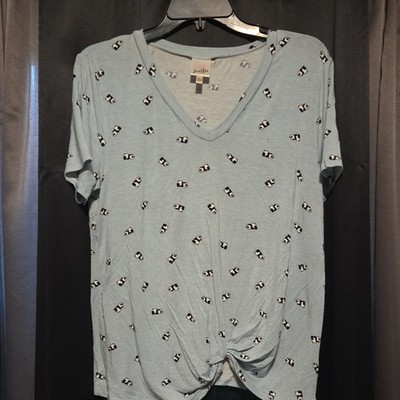 Belle du Jour Women's XL Blue V-Neck Short Sleeve Twist Graphic Top