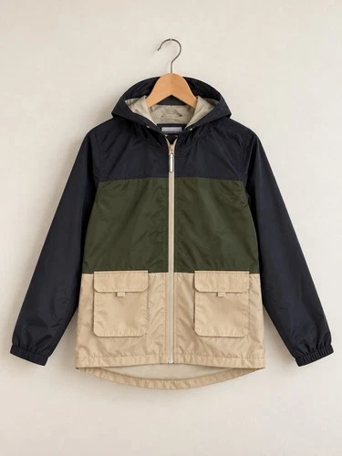 Distortion Colorblock Hooded Windbreaker Jacket Navy Olive Beige Full Zip - product listing photo