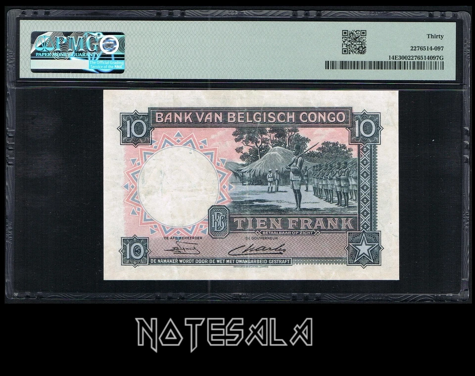 BELGIAN CONGO 10 FRANCS 1948-52 Pick-14E PMG 30 VF S/N A/K 808845 - Image 2 of 2