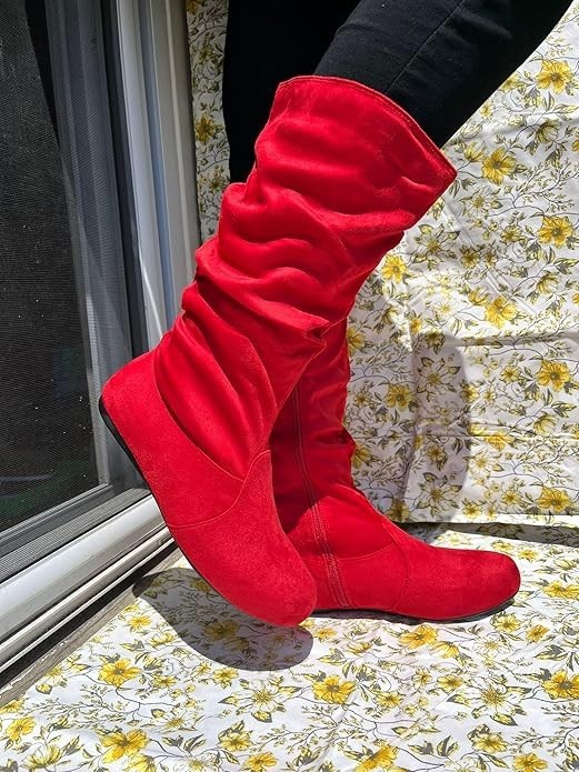 New Red Round Toe Slouchy Women's Causal Mid Calf Flat Boots Zipper Faux  Suede