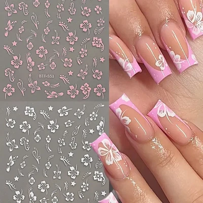 2pcs 3D Hibiscus Flower Nail Art Stickers - Pink & White, Self-Adhesive Tropical