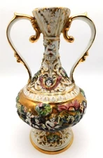 Large Antique Capodimonte Two Handle Vase Italy Gold Flowers Dancing Cherub