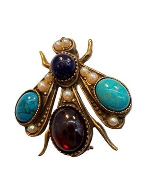 Vintage Bee Pin Tharros Bijoux Turquoise Garnet Lapis Pearl Gold Plate Italy SB