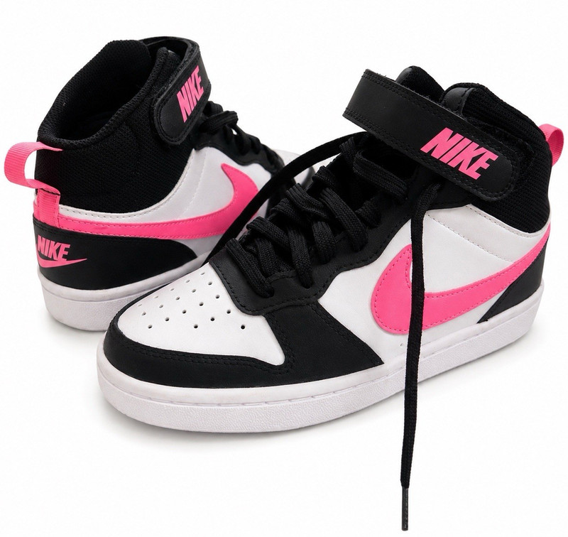 Nike Unisex Kids Mid Top Colorblock Sneakers Black/White/Pink Lace Up US 4
