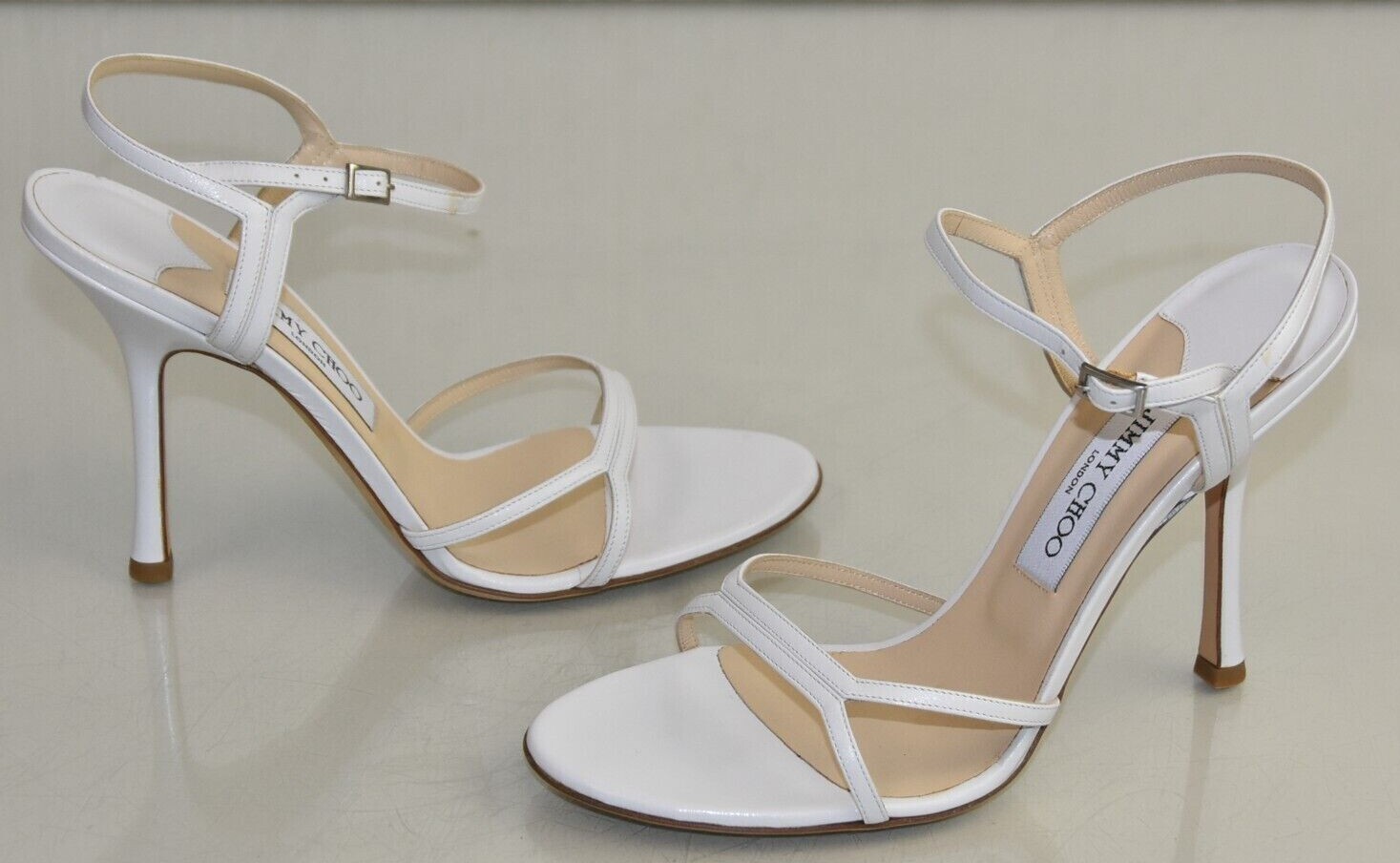 New In Box Jimmy Choo Sandals Leather Strappy Heels White Open Toe Shoes 40, image 2 of 6
