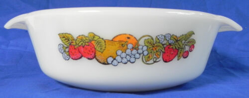 Fire King 1 Quart Runde Auflaufform #436 + Pyrex Deckel, Obsternte Muster, Exc - Bild 3 von 10