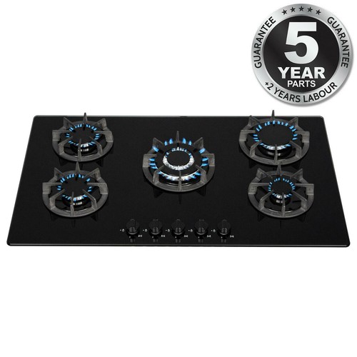 SIA BGH90BL 90cm Black 5 Burner Gas On Glass Hob Cast Iron Supports