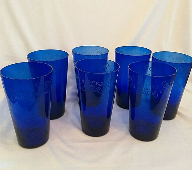 Vintage Set of 7 Cobalt Blue Glass Flare Tumblers ETCHED DESIGN Drinking Glasses eBay