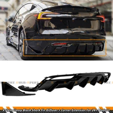 FOR 24-26 TESLA MODEL 3 HIGHLAND V STYLE GLOSS BLACK REAR DIFFUSER W/ EXTENSIONS