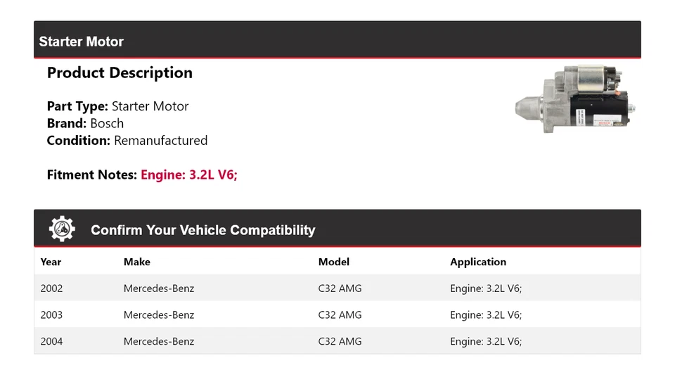Arranque Bosch V6 3,2 L 2002-2004 Mercedes C32 AMG (remanufacturado) 2003 Foto 2 de 4