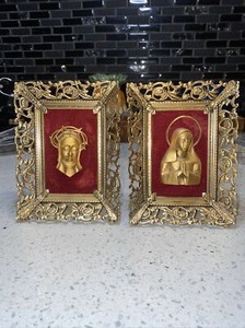 CREED Vintage Jesus Gold Crown of Thorns & Mary Halo Ornate Frames Red VelvetVTG