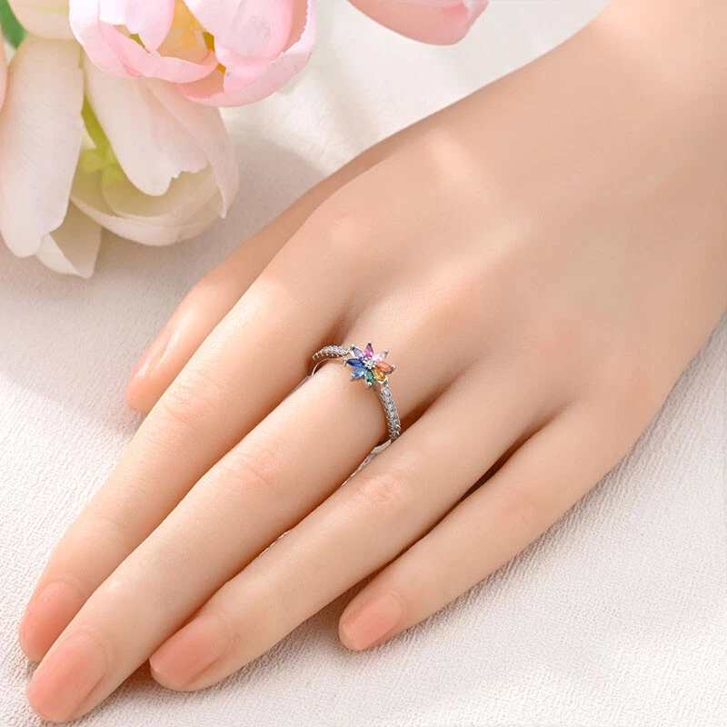 MULA Finger Ring Colorful AAA CZ Sparkling Rainbow Flower for Women Jewelry - Image 3 of 4