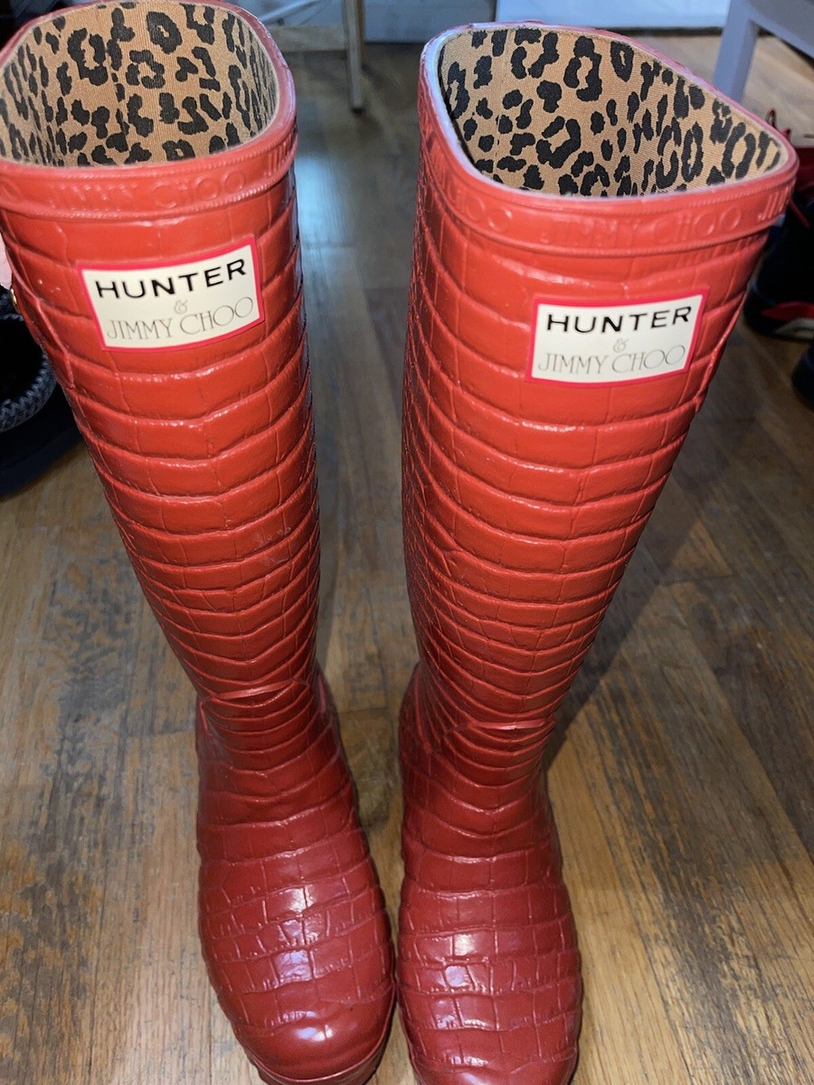 Hunter x Jimmy Choo Croc Wellington Boots Size UK 4 US 6 Red
