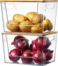 Pantry Organizers Storage, 2 Pack Large Capacity Clear Storage Bins with Bamboo