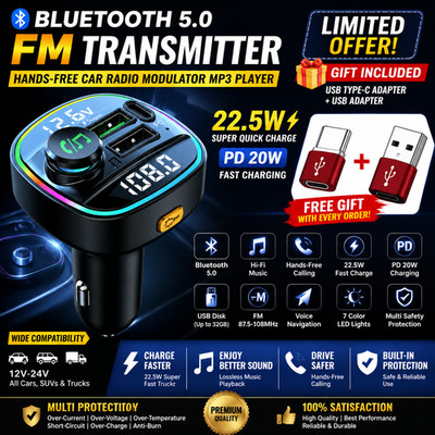Bluetooth 5.0 Car Wireless FM Transmitter Adapter USB PD Charger AUX Hands Free