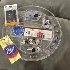 Vintage Clear Plastic MCM round sewing Thread Keeper caddy with supplies