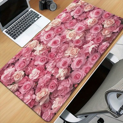 40*90cm1pc XXL Pink Roses Desk Mat with Non-Slip Rubber Base & Ergonomic Wrist S