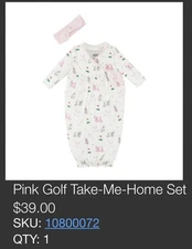New MUD PIE Golf Newborn Take Me Home Set Pink Girls Gown Sleeper 0-3 Months