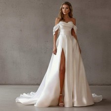 Elegant A-Line Satin Wedding Dress Off-Shoulder Sweetheart, Beaded, Side Slit