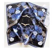 100 Silk 27'' Scarf Women Black Blue Rose Flowers Kerchief Square Bandana Wrap