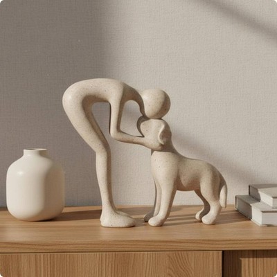 Mensch und Hund Statue handwerkliche Komplexität Harz Figur kompakte Größe für Schreibtisch