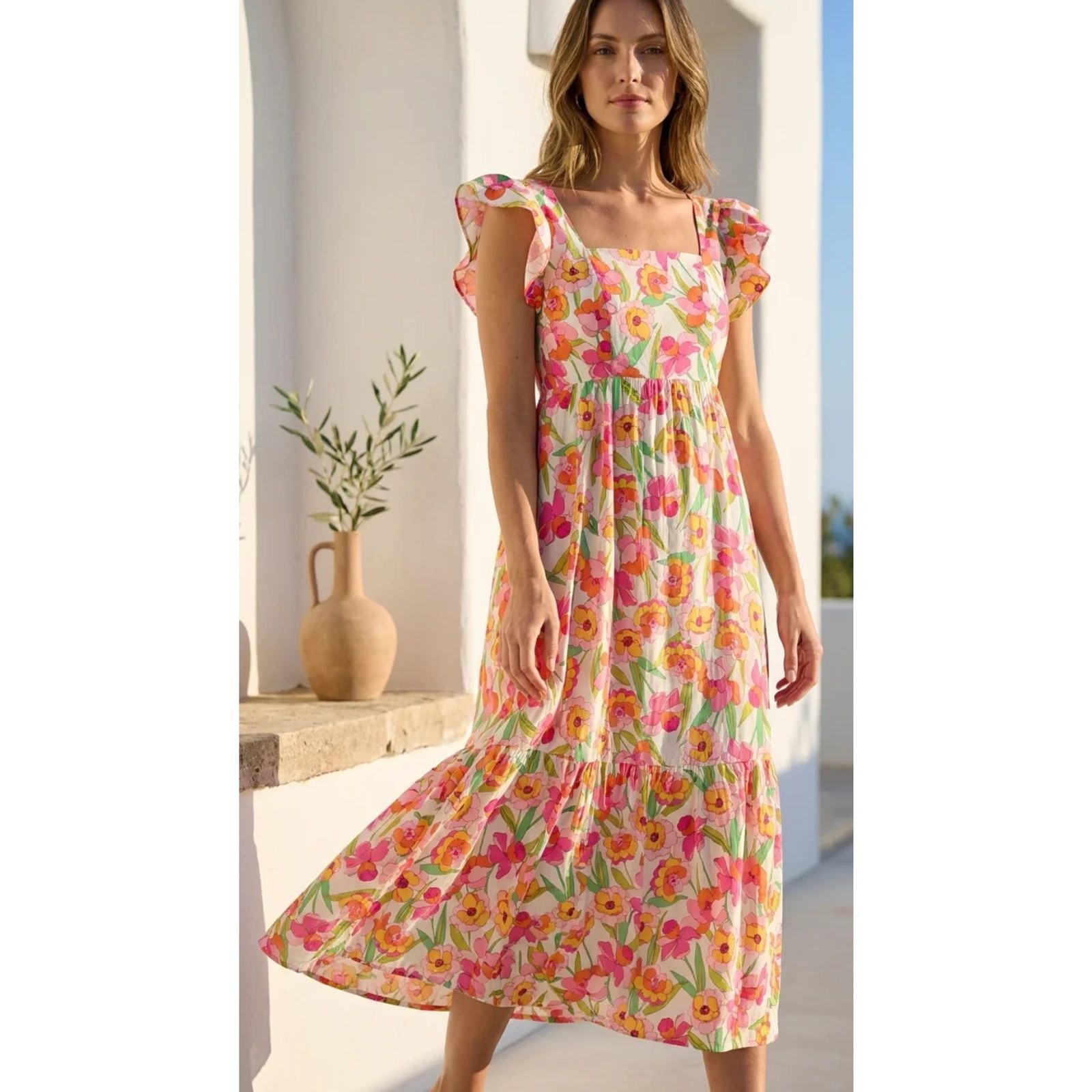 Square Neck Flutter Sleeve Maxi Dress
