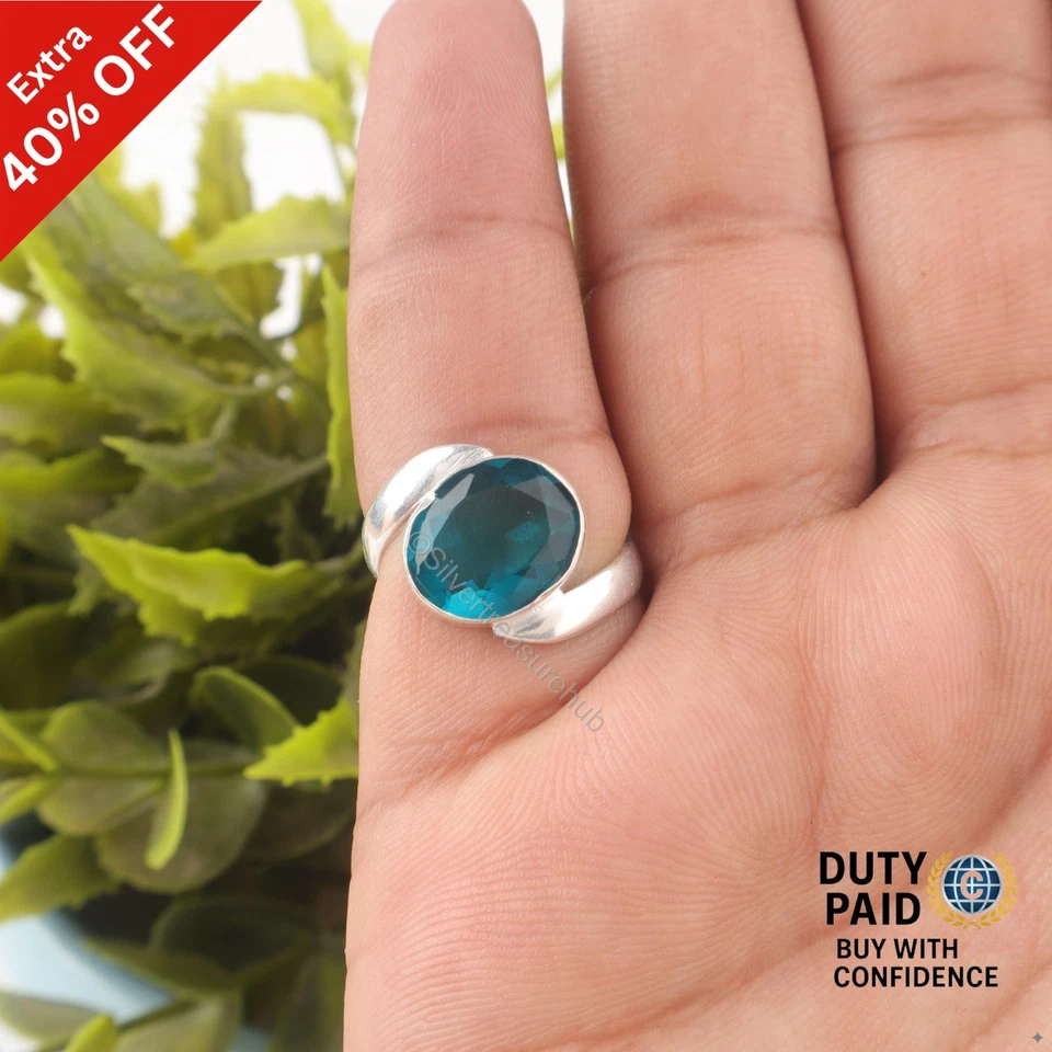 Oferta de Navidad Apatita Piedras Preciosas Banda Hecho a Mano Anillo Declaración Plata de Ley Foto 3 de 4