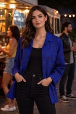 VTG 90  s/Y2K Chico  s Royal Blue Beaded Silk Jacket Retro Sz L Eclectic Artwear