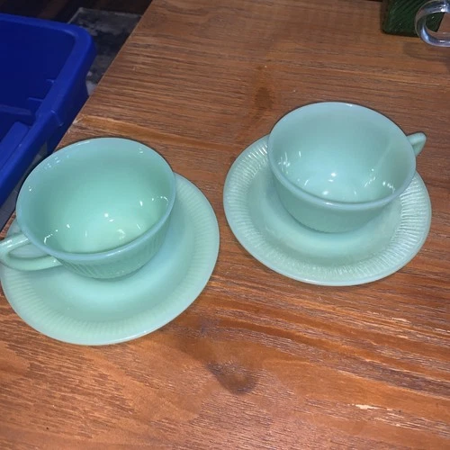 Fire King Jade Jadeite Green Ribbed Coffee 2 Tea Cups & Saucers Jane Ray