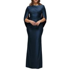 After Six Size L Navy Blue Cape Sleeve Satin Gown Ruched Side Detail Stretch