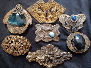 LARGE VINTAGE VICTORIAN EARLY 1900 BLUE CAB FLORAL SCROLL REPOUSSE SASH PIN LOT