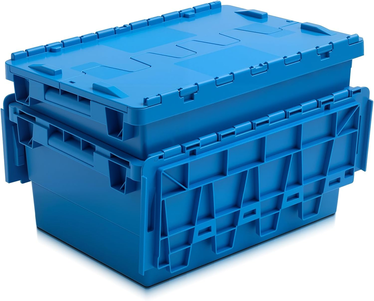 2-Pack Stackable Blue Storage Bins with Hinged Lids for Garage
