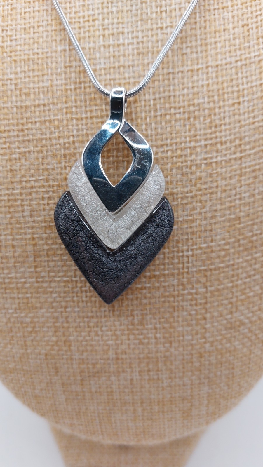 Statement Pendant Necklace Silvertone Crackled Wh… - image 1