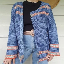 Womens Casual Bohemian Open Front Cardigan Fringe Edge Sz XL Hippie USA Made 