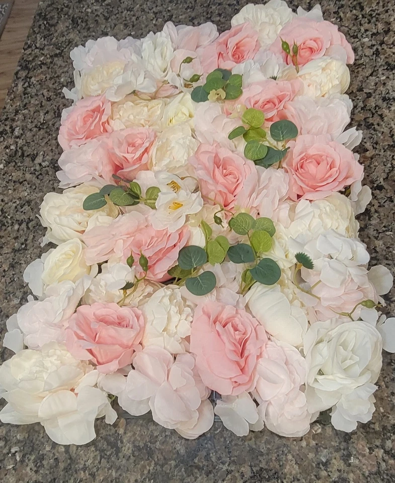 Wedding Artificial Silk Flower Wall Panel Backdrop Rose Pink White 16 X 24 Inch - Image 2 of 4