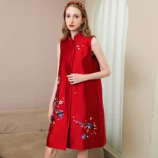 Chinese Style Stand Collar Sleeveless Vest Womens Waistcoat Satin Embroidery New