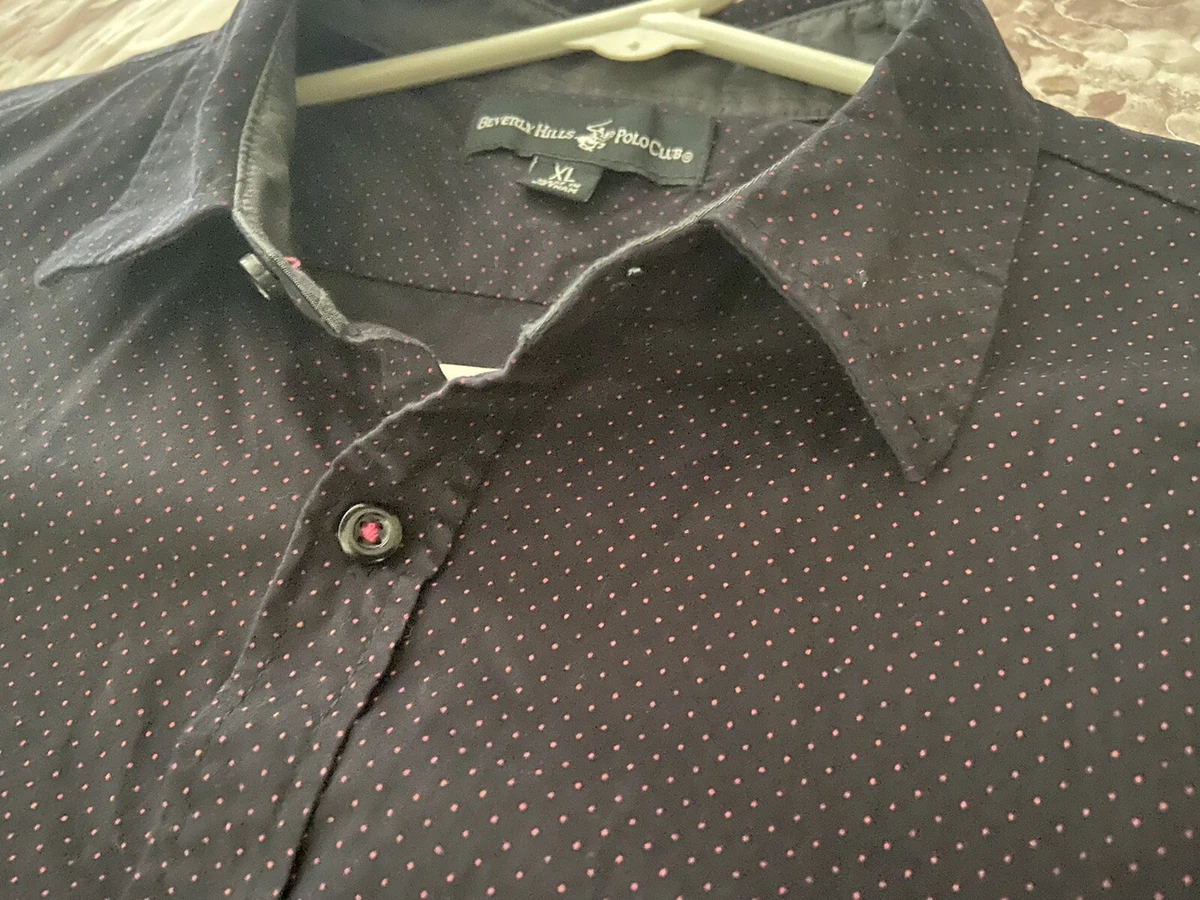 Beverly Hills Polo Club Mens Size XL Dress Shirt Pink Polka Dots Black PreOwned