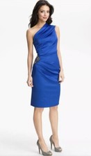 ELIZA J Women's Blue Satin Bejeweled Beaded One Shoulder Cocktail Dress Sz 4