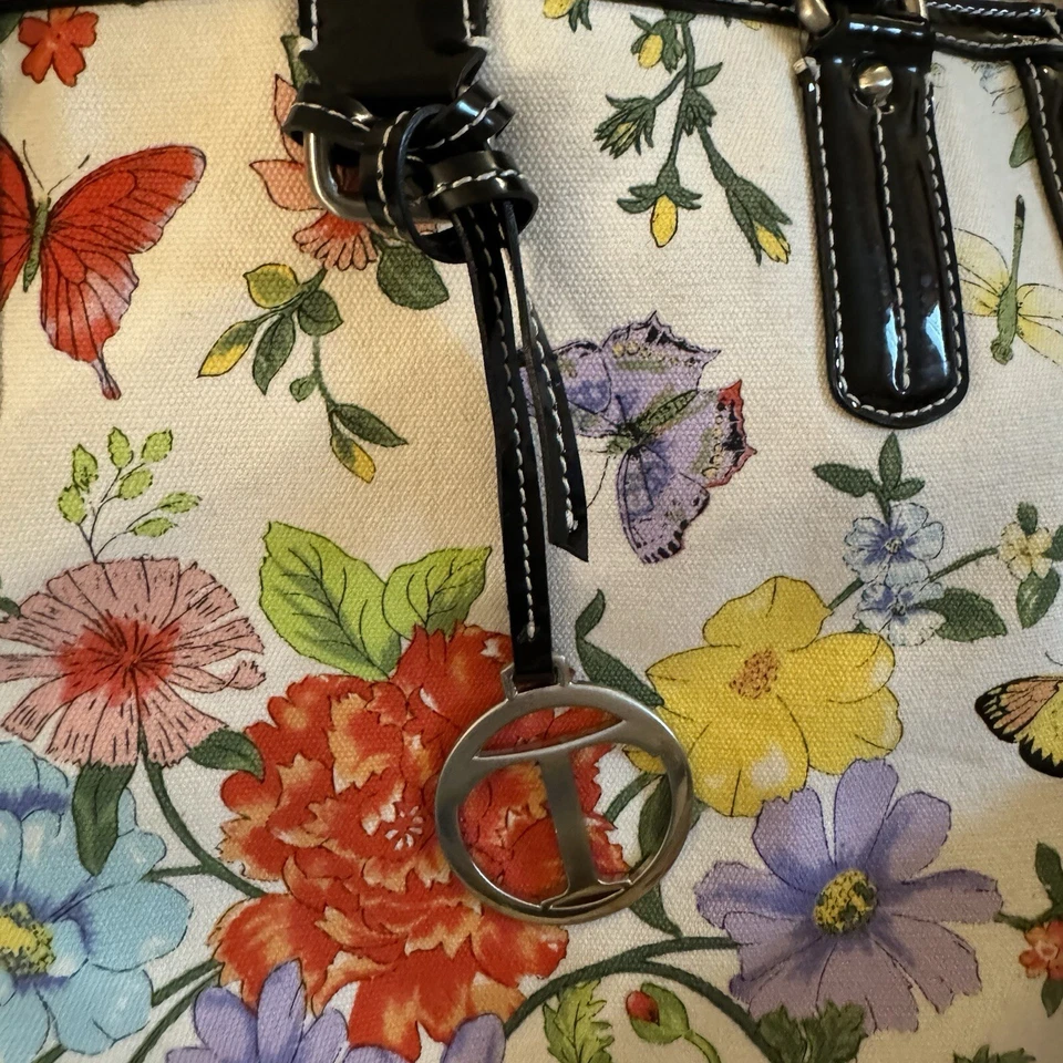 Talbots цветочный холст сумка с короткими ручками наплечная сумка черный патент отделки бабочки цветной - Изображение 3 из 4