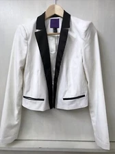 Forever 21 Womens Cropped  Jacket Blazer White Black Open Front Long Sleeve M